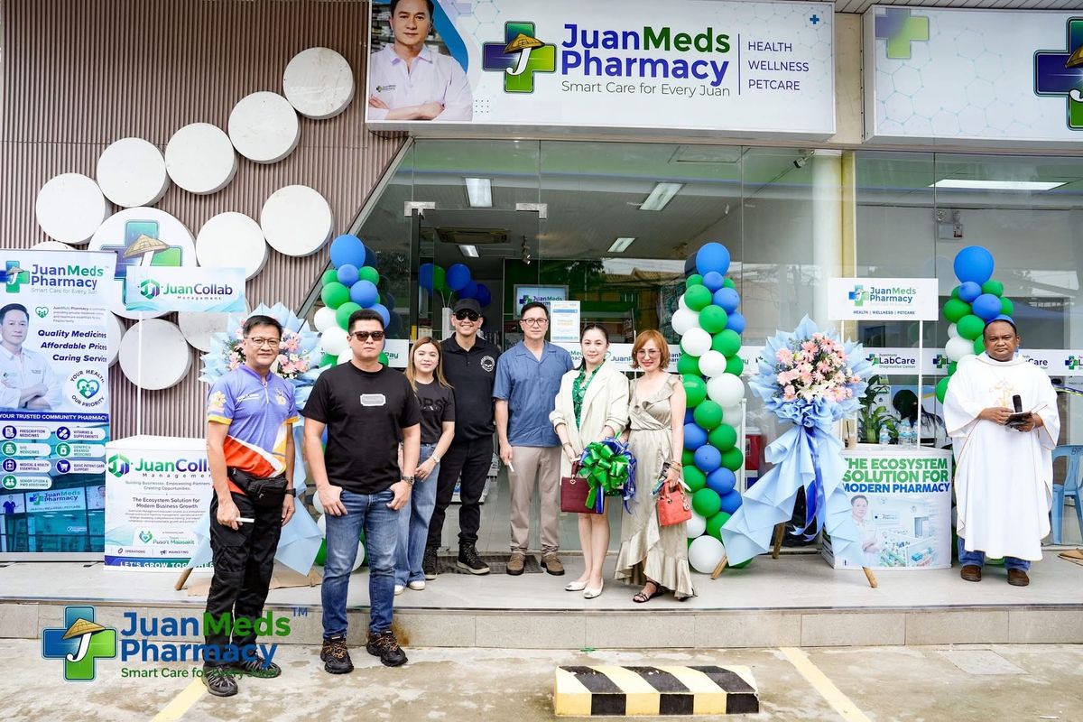 A JuanMeds Pharmacy and LabCare storefront decorated for its opening day